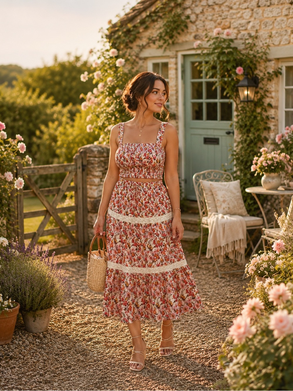 Floral Square-Neck two piece set with Lace Trim in Rose Floral